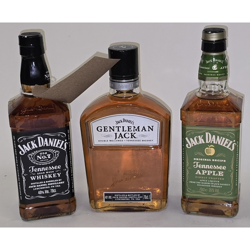 57 - 3 x Bottles Whiskey: Jack Daniel's 70cl, Gentleman Jack 70cl, Jack Daniel's Tennessee Apple 70cl (RE... 