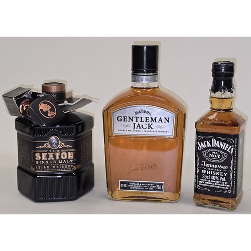 59 - 3 x Bottles Whiskey: The Sexton Single Malt Irish 70cl, Gentleman Jack 70cl, Jack Daniel's 35cl (REF... 
