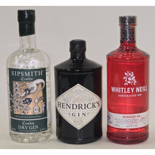 34 - 3 x bottles gin to include Sipsmith Dry Gin 70cl, Hendrick's Gin 70cl, Whitley Neill Raspberry Gin 7... 