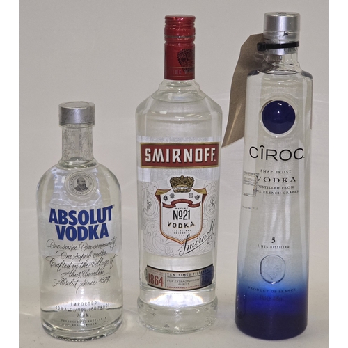 37 - 3 x Bottles vodka to include Absolut 70cl, Smirnoff 1L and Ciroc Snap Frost 70cl (REF P80, P4, P46).