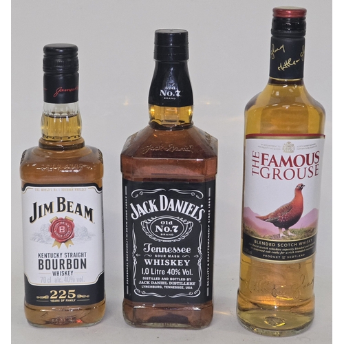 39 - 3 x bottles whisky to include Jim Beam Bourbon 70cl, Jack Daniel's Whiskey 1L and The Famous Grouse ... 