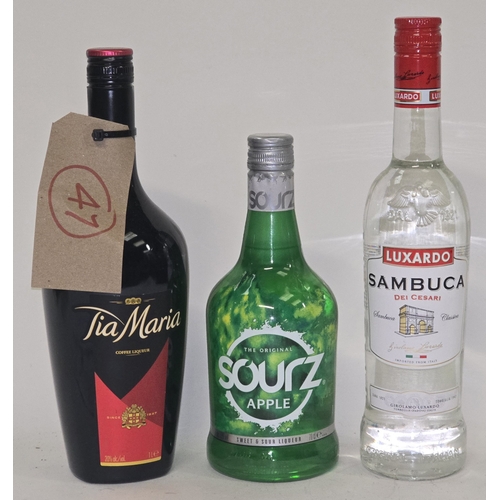41 - 3 x bottles misc. alcohol to include Tia Maria 1L, Apple Sourz 70cl and Sambuca 70cl (REF P47, P97).