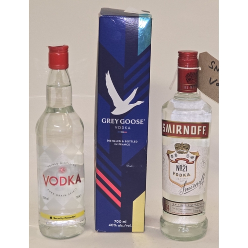 46 - 3 x bottles vodka to include Grey Goose boxed 70cl, Smirnoff 70cl and Sainsbury's Vodka 70cl (REF P3... 