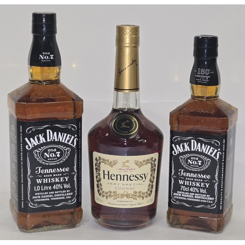 48 - 3 x bottles misc. alcohol to include Jack Daniel's Whiskey 1L, Hennessy VS Cognac 70cl and Jack Dani... 