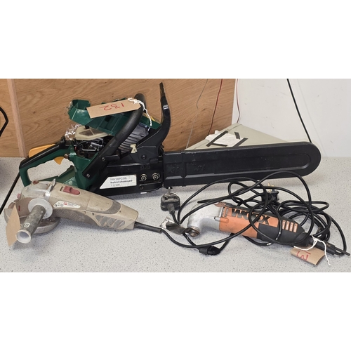 175 - A 1.2KW petrol chainsaw together with Parkside angle grinder and Worx oscillating saw (REF E136, E13... 