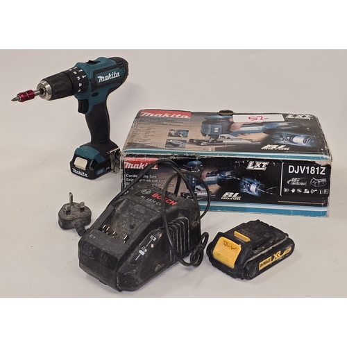 176 - Makita boxed Cordless Jig Saw (no battery) togrther with a Makita HP331D drill, Bosch charger and de... 