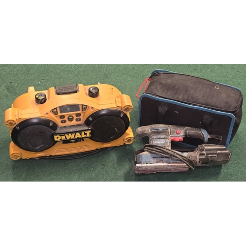 204 - Erbauer 240V electric sander in fabric carry case together with a De Walt site radio (REF P95, P88).