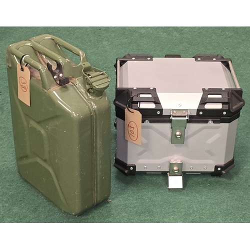 203 - An aluminium motorcycle top box together with a green jerry can (REF P103, P38).