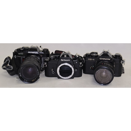 136 - 3 x vintage 35mm SLR film cameras to include Nikon EM body, Chinon CE-4 c/w lens and Olympus OM40 Pr... 