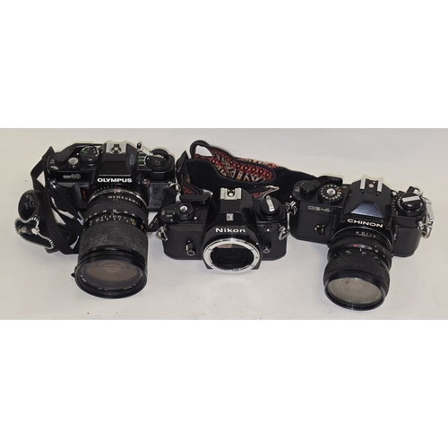 136 - 3 x vintage 35mm SLR film cameras to include Nikon EM body, Chinon CE-4 c/w lens and Olympus OM40 Pr... 