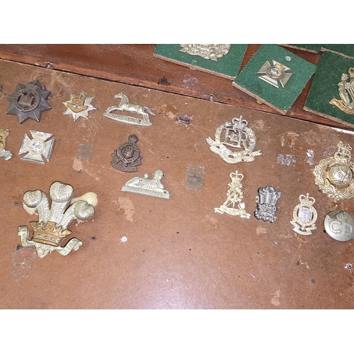A collection of vintage military regimental badges attached to two boards.