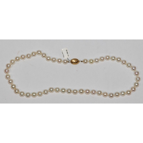 267 - Necklace of cultured pearls, 51 8mm pearls fastened by a 9ct gold clasp. 18