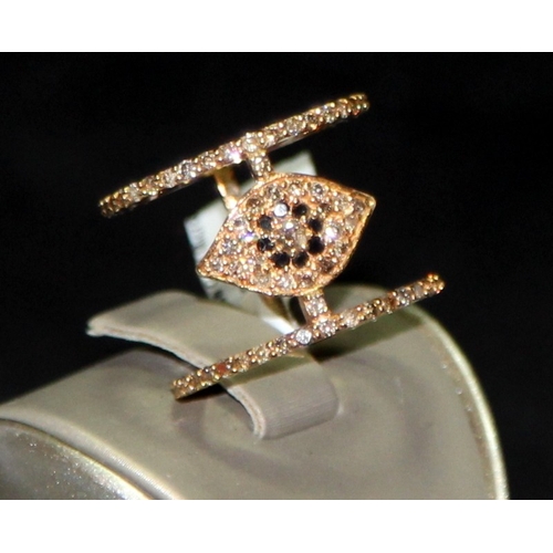 248 - 18ct rose gold double hoop evil eye ring encrusted with 1.57cts of brown diamonds. Size O. 5.4g. Bra... 