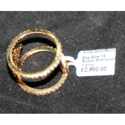 248 - 18ct rose gold double hoop evil eye ring encrusted with 1.57cts of brown diamonds. Size O. 5.4g. Bra... 