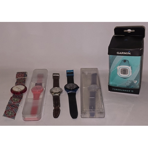 200 - A Garmin Forerunner GPS 15 running watch together with a collection of Swatch Watches to include Lon... 