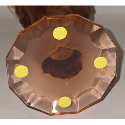 50 - 'R LALIQUE / FRANCE', An amber or peach glass Bacchantes type vase, moulded with three female nudes ... 