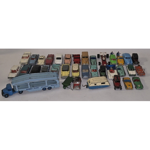 323 - Collection of vintage play worn Dinky die cast vehicles to include Pullmore car transporter.