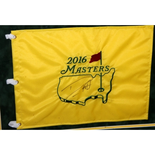 6 - Danny Willett signed 2016 US Masters pin flag. Framed with accompanying photographs and plaque. O/al... 