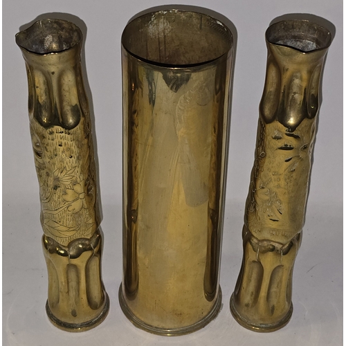 31 - A collection of vintage brass trench art items to include a 1917 First World War shell case (3).