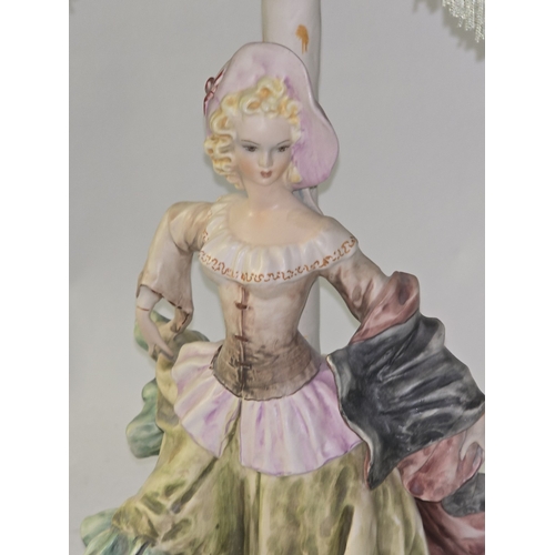 32 - A mid 20th century porcelain table lamp in the Dresden/Capodimonte style depicting a Victorian lady ... 