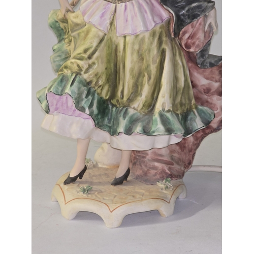 32 - A mid 20th century porcelain table lamp in the Dresden/Capodimonte style depicting a Victorian lady ... 
