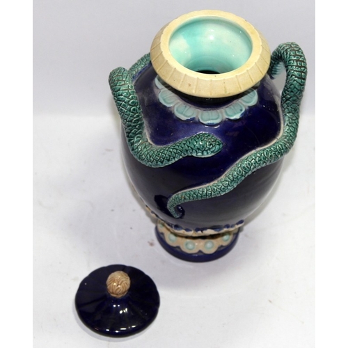 37 - Antique Wilhelm Schiller & Son Majolica lidded vase featuring a snake set in relief. Marked to base.... 