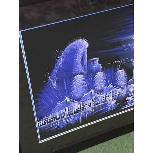 39 - A large framed and glazed vintage 1970's Kitsch black velvet painting. Mostly painted in blue hues d... 