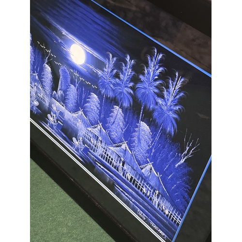 39 - A large framed and glazed vintage 1970's Kitsch black velvet painting. Mostly painted in blue hues d... 