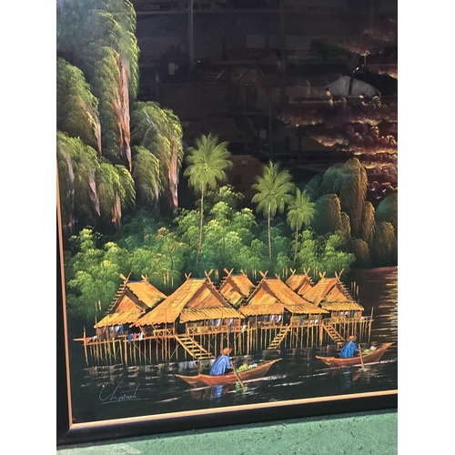 55 - An extra large substantial framed and glazed vintage 1970's black velvet painting. In hues of multip... 