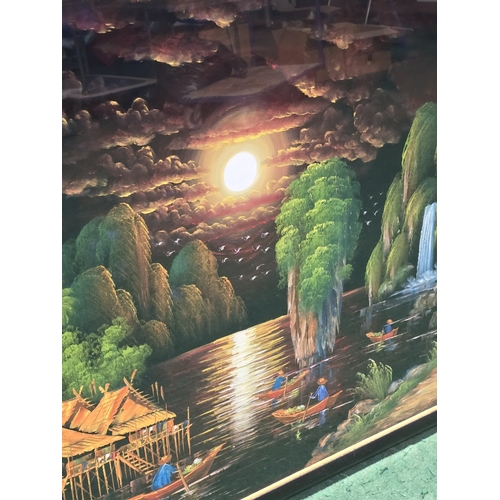 55 - An extra large substantial framed and glazed vintage 1970's black velvet painting. In hues of multip... 