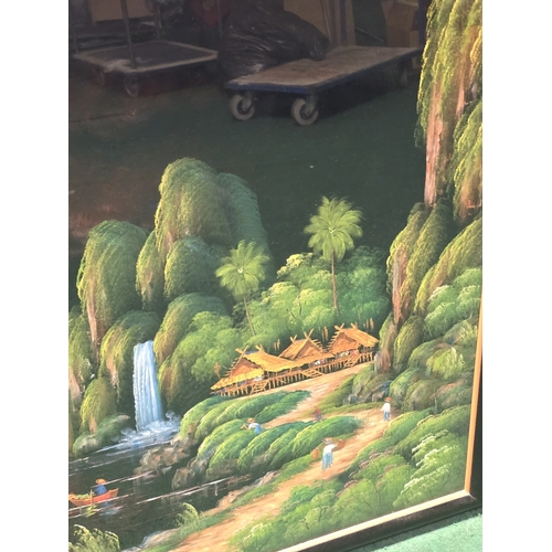 55 - An extra large substantial framed and glazed vintage 1970's black velvet painting. In hues of multip... 