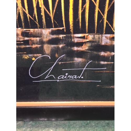 55 - An extra large substantial framed and glazed vintage 1970's black velvet painting. In hues of multip... 