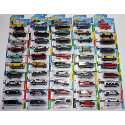 136 - Hot Wheels contemporary die-cast metal vehicles. Green Speed, Factory Fresh, HW Turbo etc. 50 in lot... 