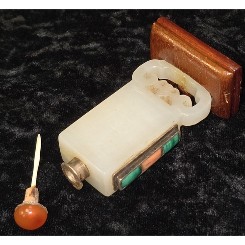 298 - Chinese pale celadon jade rectangular snuff bottle. On polished wooden base decorated with semi prec... 