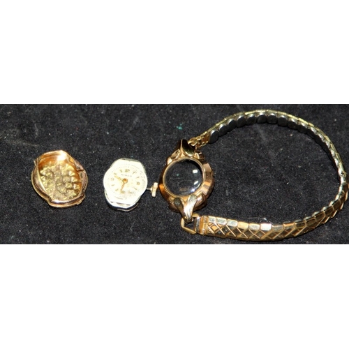 243 - Vintage 9ct gold Hirco cocktail watch head on plated expanding bracelet (caseback 2.6g)