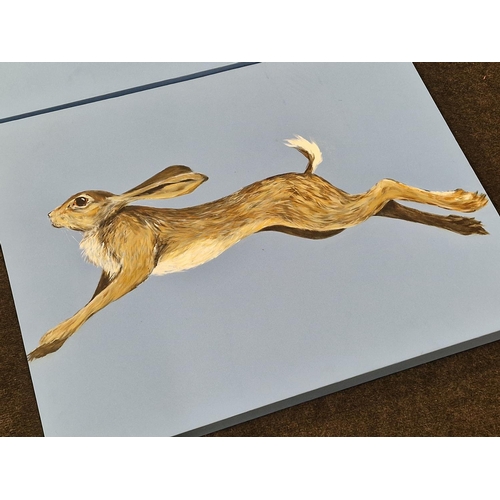 43 - Krysyna Evans: Local artist two contemporary oil on canvas paintings of hares 