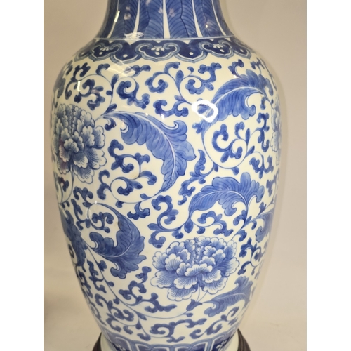 42 - A pair of Antique large blue and white Chinese vases on wooden stands, purchased in Hong Kong prior ... 