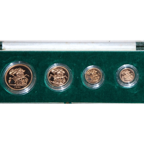 374 - 22ct Gold 1980 Royal Mint Gold Proof Set comprising Five Pounds, Two Pounds, Full and Half Sovereign... 