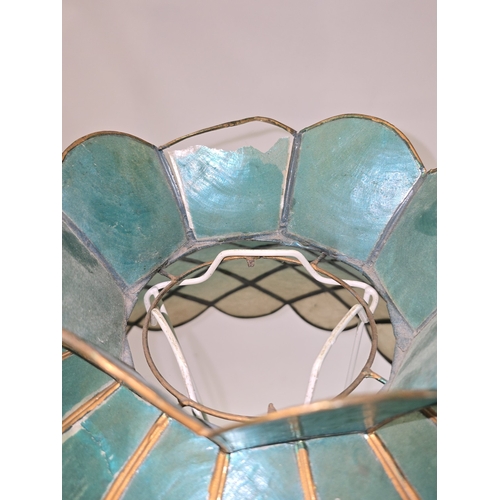 15 - Vintage onyx table lamp with shade (shade slightly af) together with stained glass fishbowl vase.
