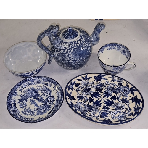 22 - Collection of Oriental porcelain to include blue and white Chinese tea caddy. teapot, dragon figure ... 