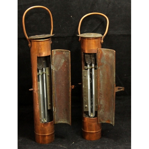 53 - A pair of reproduction Miller Casella deep sea thermometers of copper and brass construction c/w a v... 