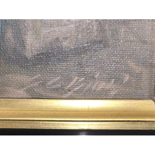 34 - Gilt framed oil on canvas painting depicting a market scene in the style of Danish artist Paul Fisch... 