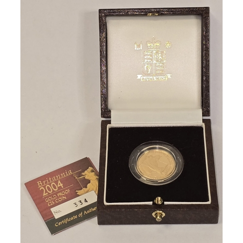 287 - The Royal Mint 2004 999.9 fine gold 1/4 Britannia coin. 8.5g cased with certificate.