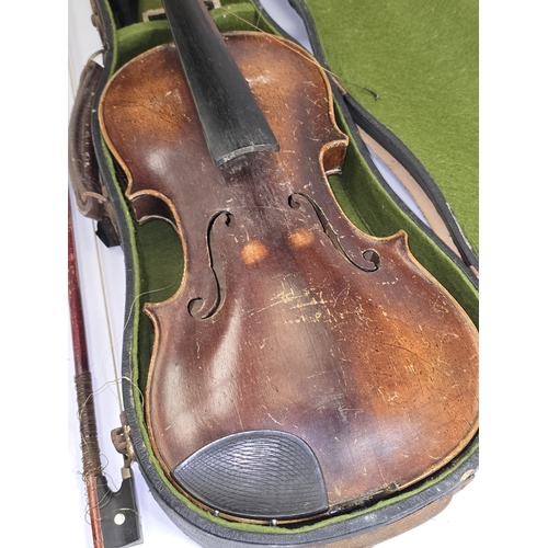 45 - Antique single piece back violin in original case with bow. Sold for restoration.