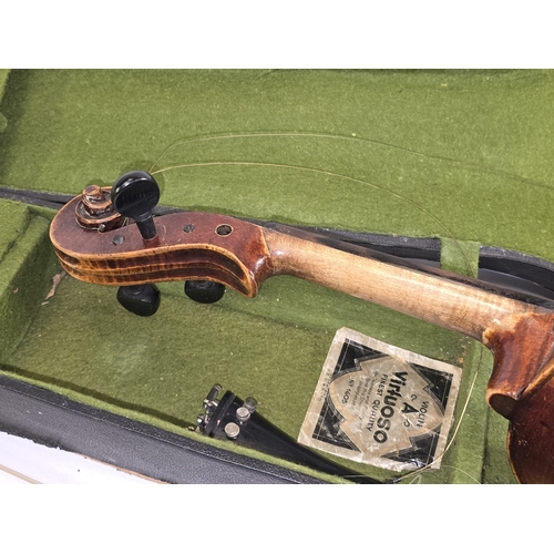 45 - Antique single piece back violin in original case with bow. Sold for restoration.