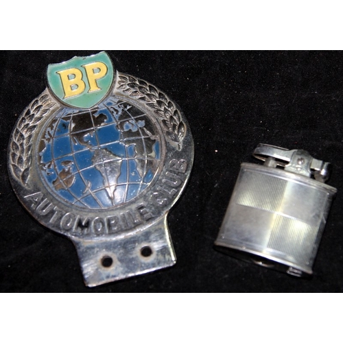 80 - A vintage chrome and enamel  BP Automobile Club radiator grille badge c/w a vintage chrome Ronson li... 
