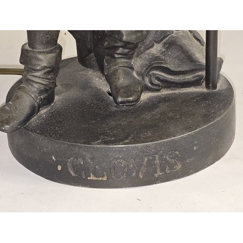 8 - A vintage spelter French figural table lamp of Clovis, King of Franks on base with flame style glass... 