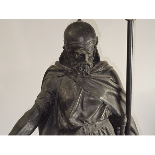 8 - A vintage spelter French figural table lamp of Clovis, King of Franks on base with flame style glass... 