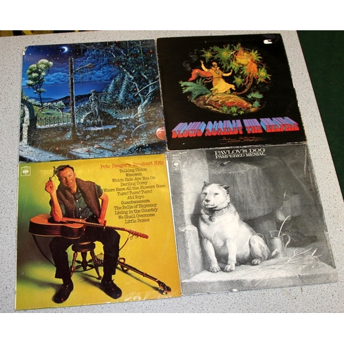 218 - American blues/prog/rock. A collection of vinyl LP's to include Pete Seeger, Pavlov's Dog, Moby Grap... 