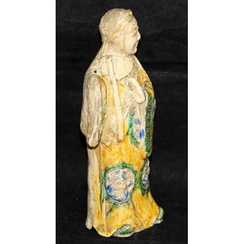 12 - Antique southern Chinese Qing dynasty slip cast and glazed figure of a dancer with repairs. 18cms ta... 